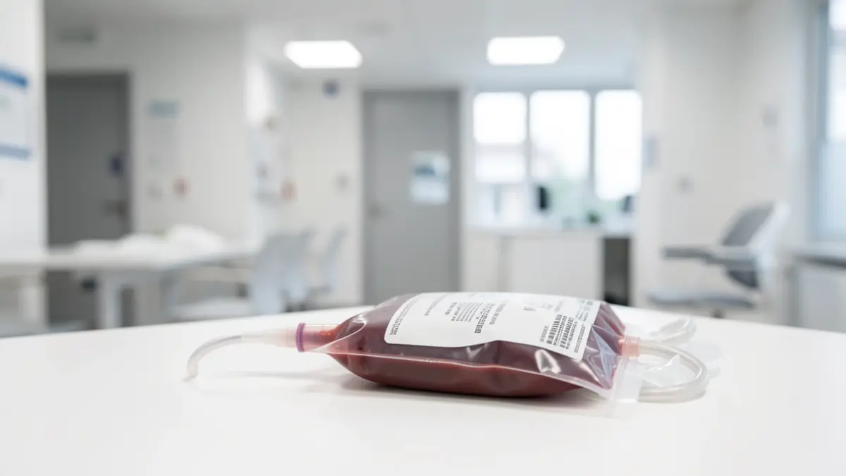Generic image of a blood donation bag in a clinical setting.