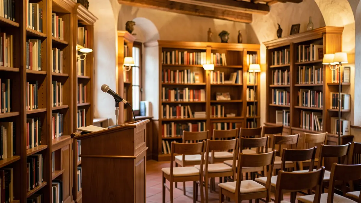 Image of the interior of an event hall with a podium and chairs, warm atmosphere for a tribute.