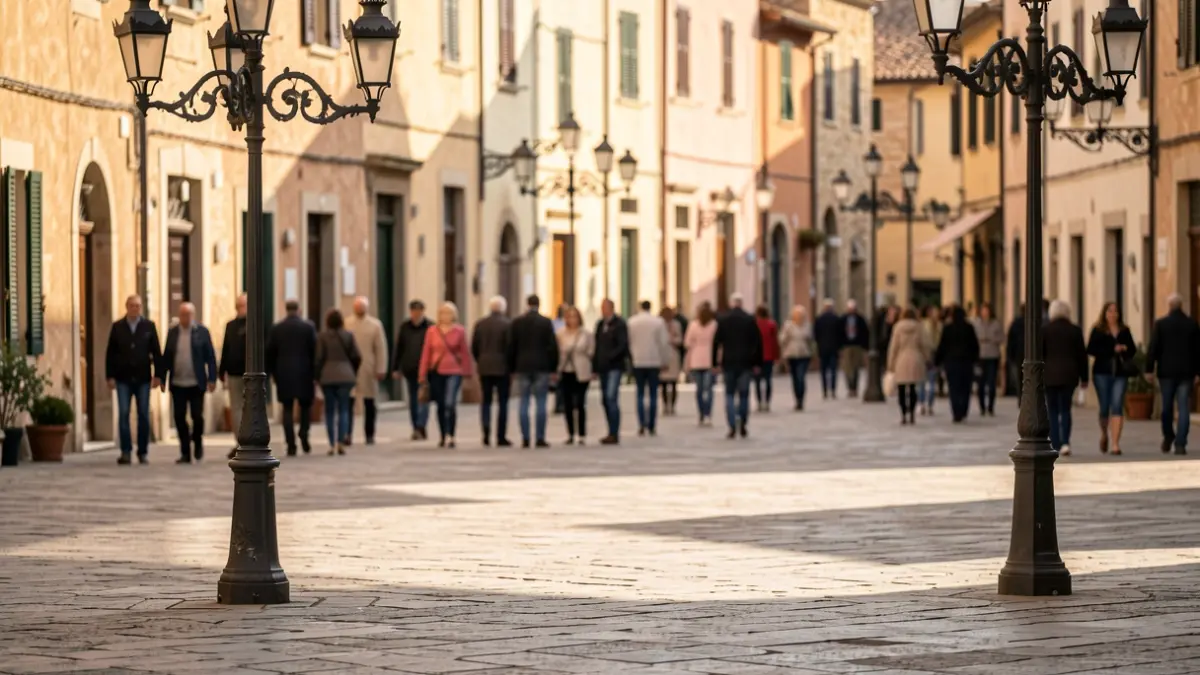 Image of a stone-paved square in a Mediterranean city with streetlamps and afternoon light.