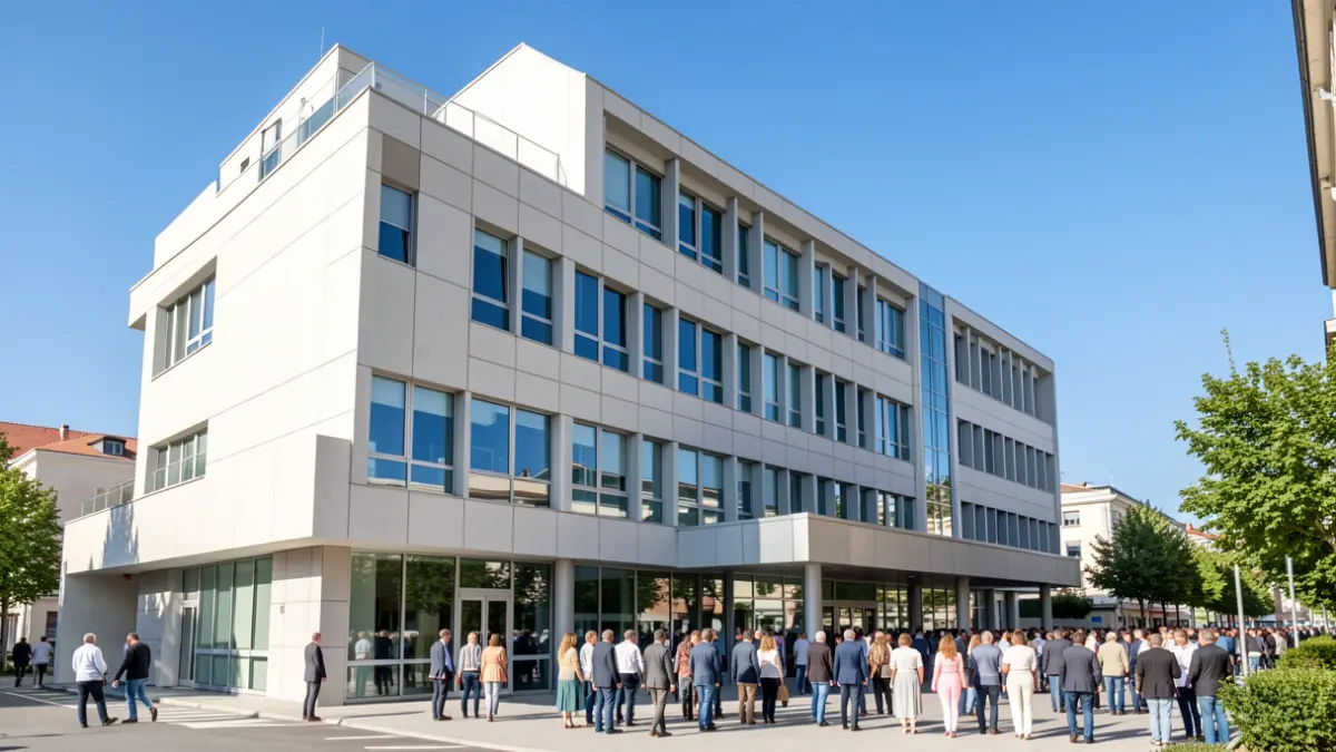 Fachada de un centro hospitalario moderno bajo la luz del sol mediterráneo.