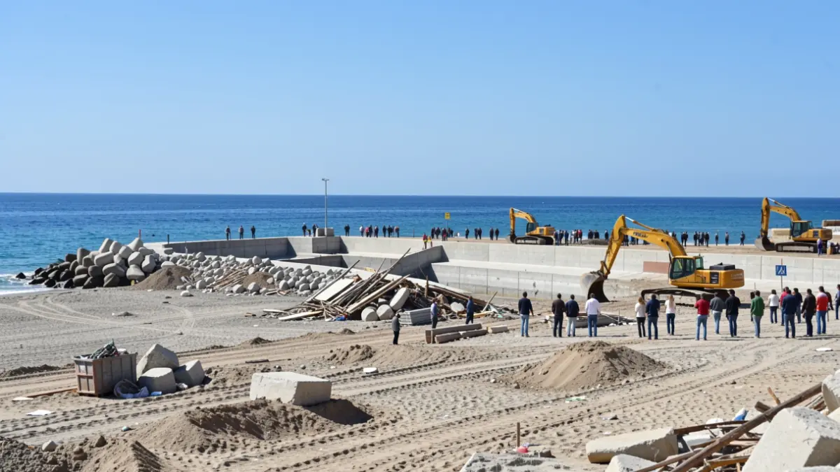 Generic image of construction work on a Mediterranean beach with building structures.