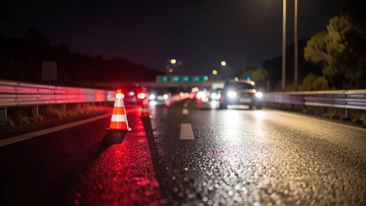 Generic image of emergency lights on a highway at night.