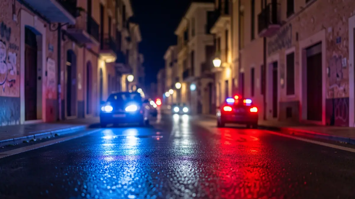 Imatge genèrica de llums d'emergència reflectides en l'asfalt durant la nit.