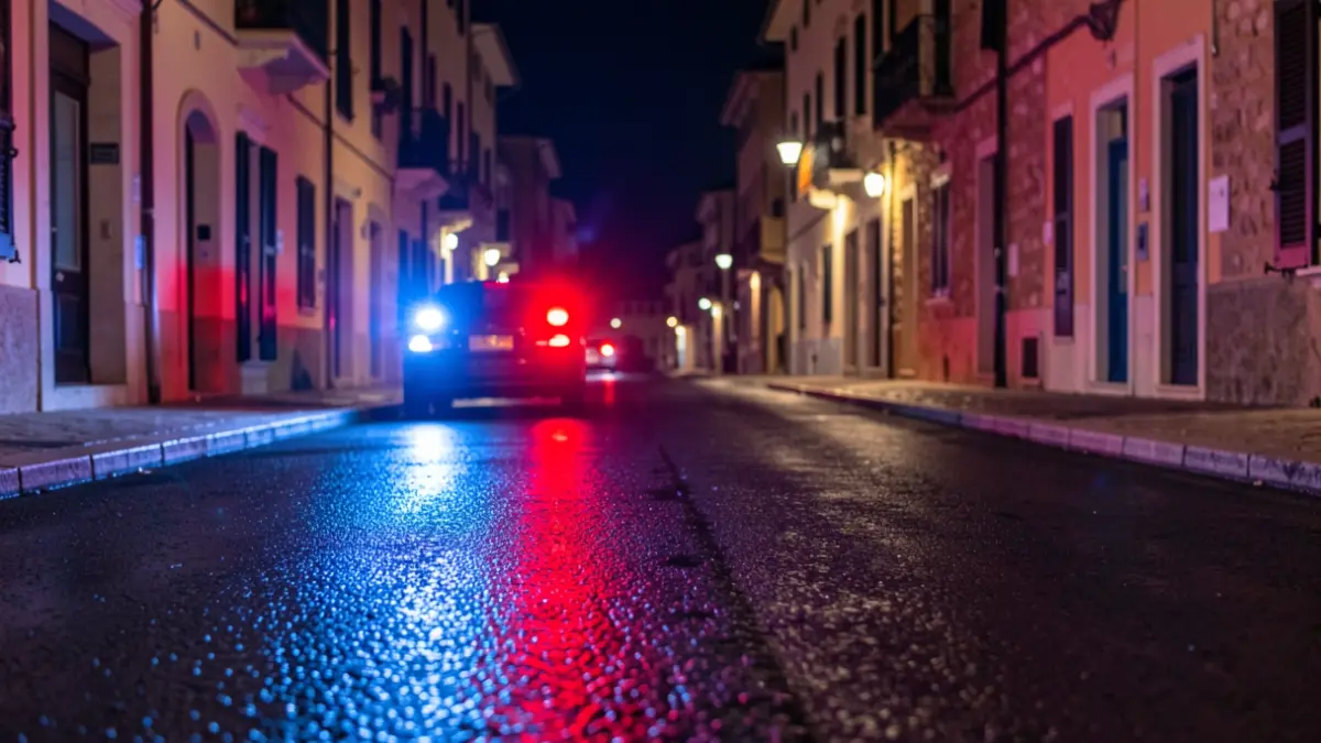 Imagen genérica de luces de emergencia policial reflejadas en el asfalto durante la noche.