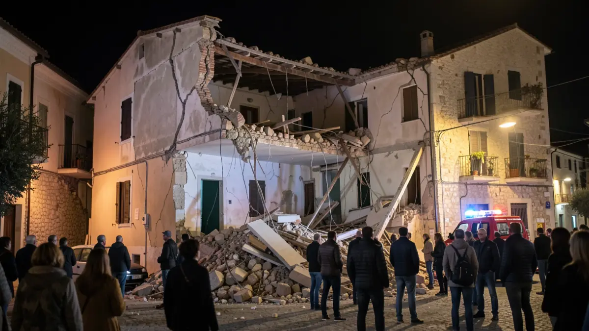 Imagen de un edificio derrumbado en Benetússer con luces de emergencia.