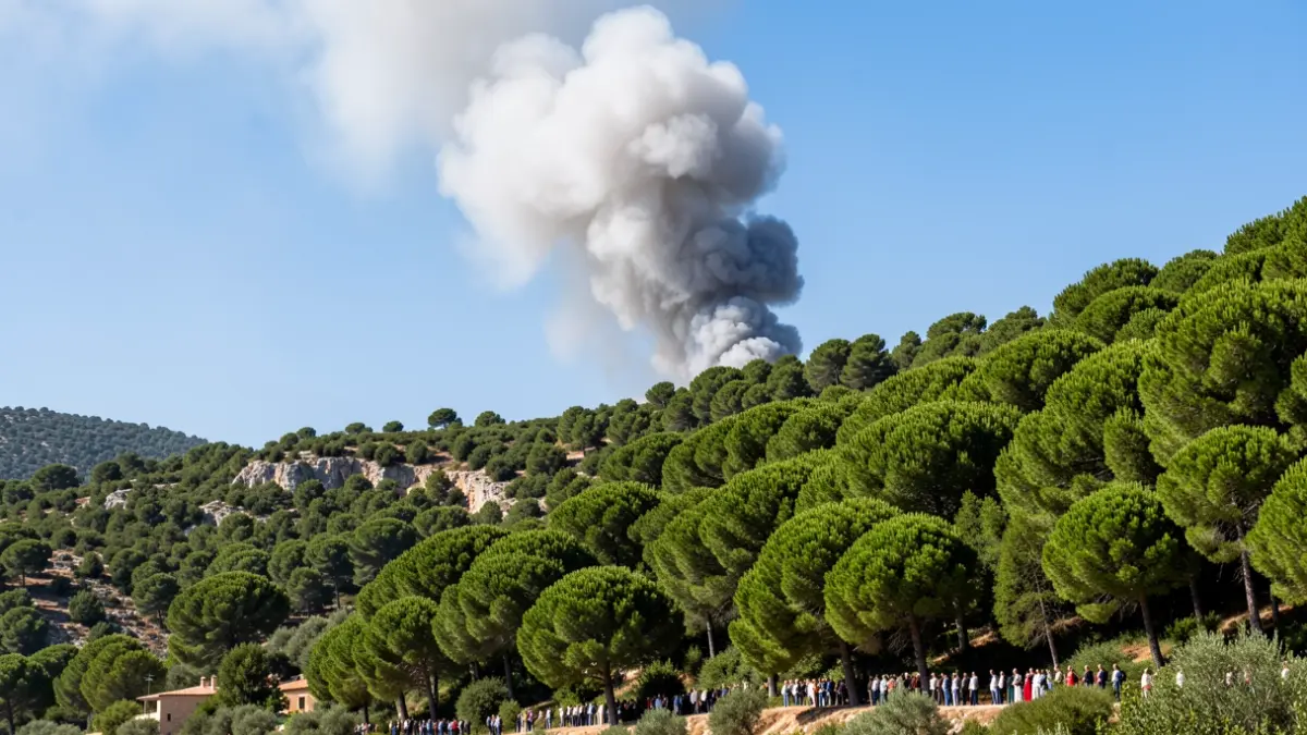 Columna de humo sobre una masa forestal durante un incendio.