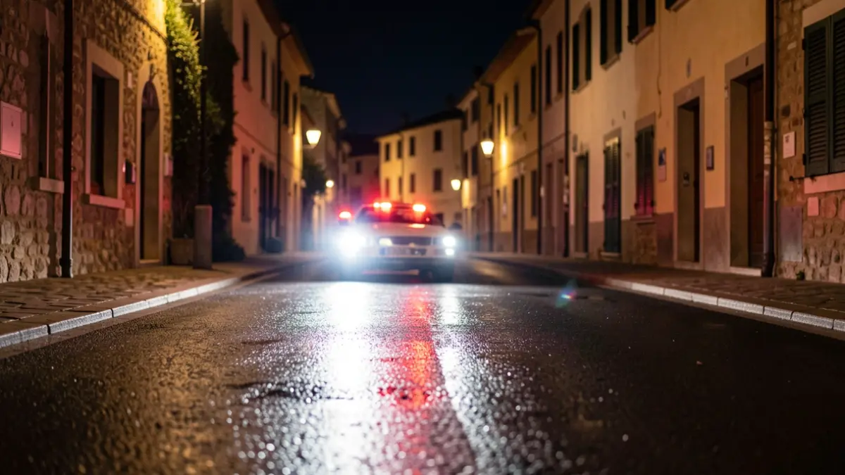 Generic image of emergency lights reflected on asphalt at night.