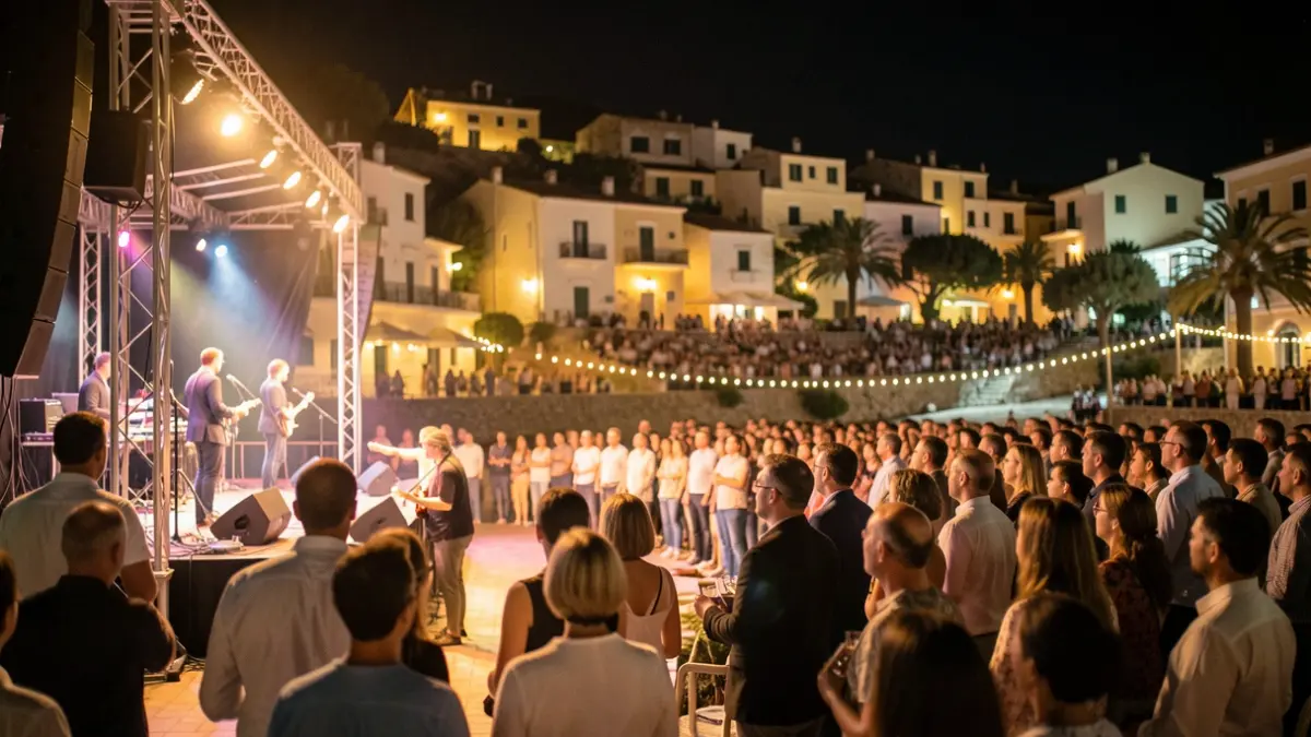 Outdoor concert stage in a coastal town at night.
