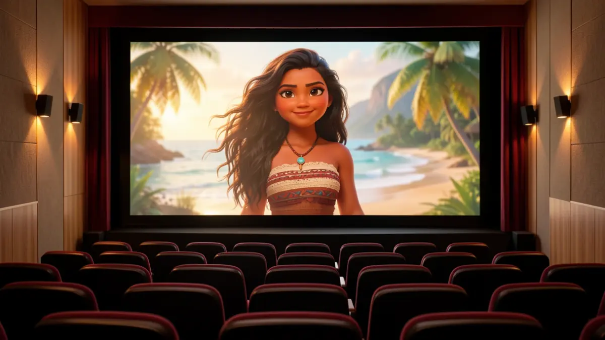 Imatge genèrica d'una pantalla de cinema amb la pel·lícula Vaiana en versió d'acció real.