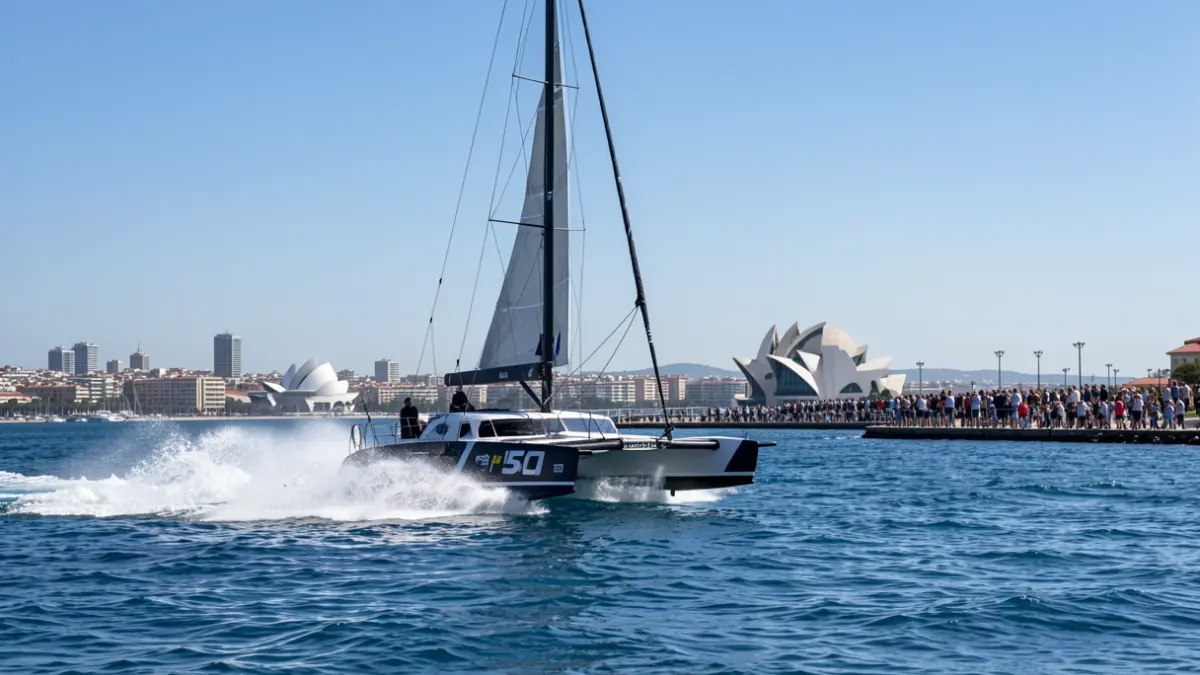 Image of a high-speed F50 catamaran sailing near the coast of Valencia, with the City of Arts and Sciences in the background.