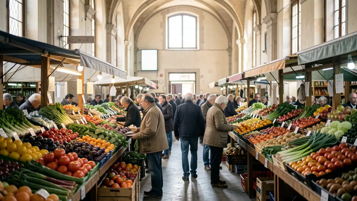Imatge genèrica d'un mercat municipal amb llocs de venda de productes frescos.