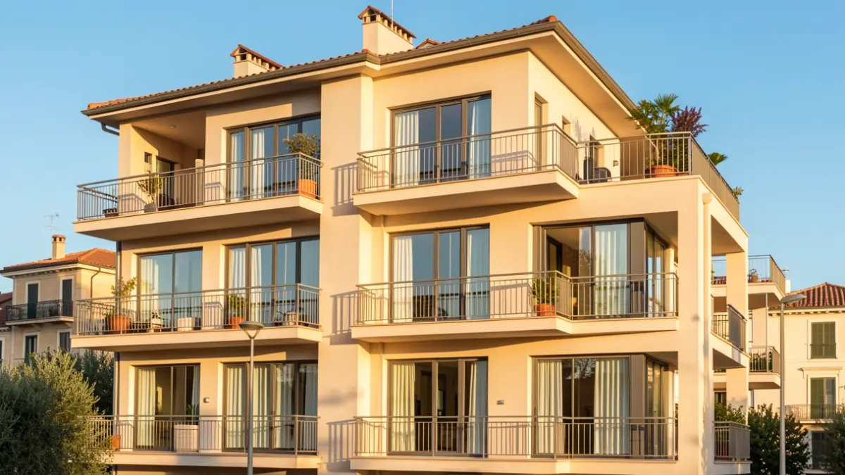 Imagen genérica de un edificio residencial en una ciudad mediterránea con balcones y luz natural.