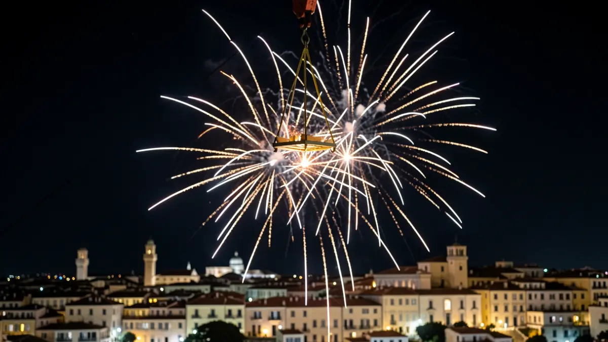 Imatge d'un espectacle pirotècnic aeri amb estructures de llum sobre el cel nocturn de la ciutat.