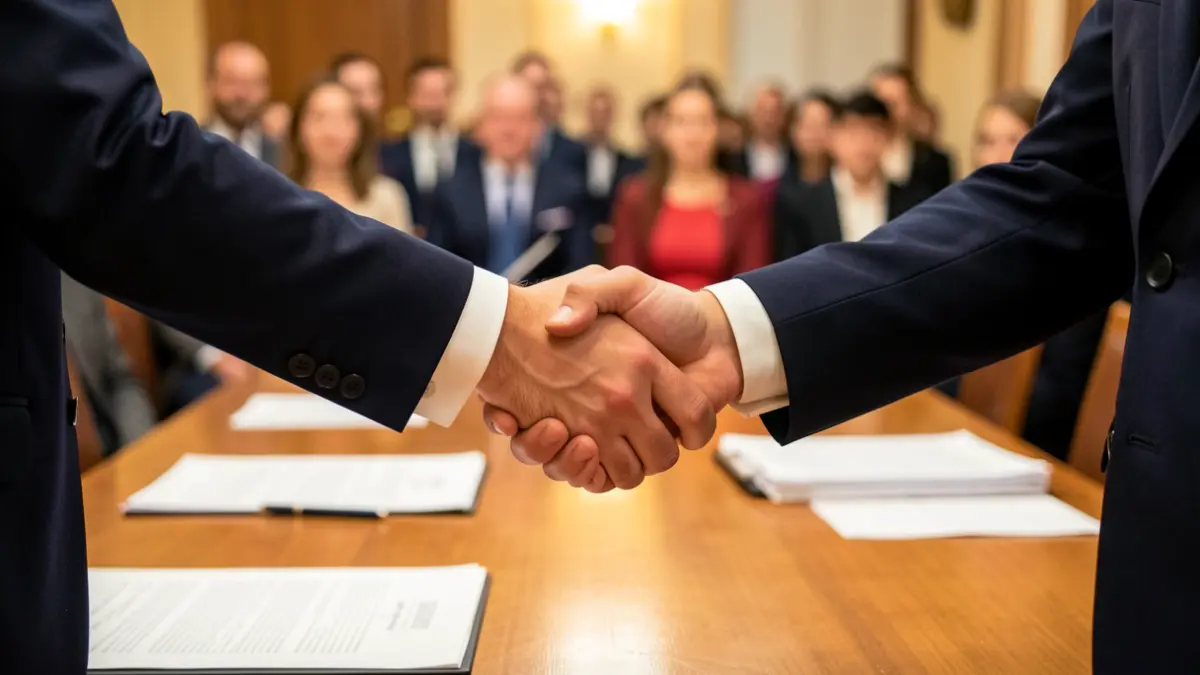 Imagen genérica de dos manos formalmente vestidas dándose la mano sobre una mesa con documentos, simbolizando un acuerdo institucional.