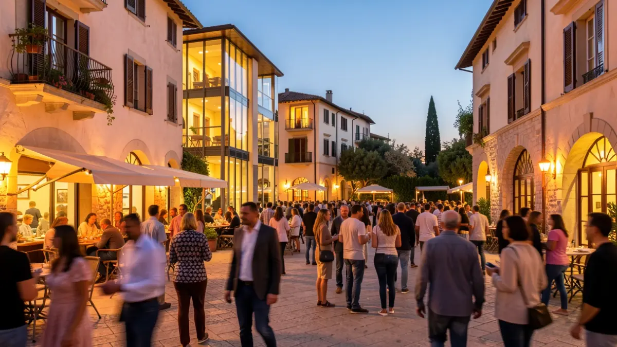 Imatge genèrica d'una plaça mediterrània il·luminada al capvespre, amb elements arquitectònics moderns i gent.
