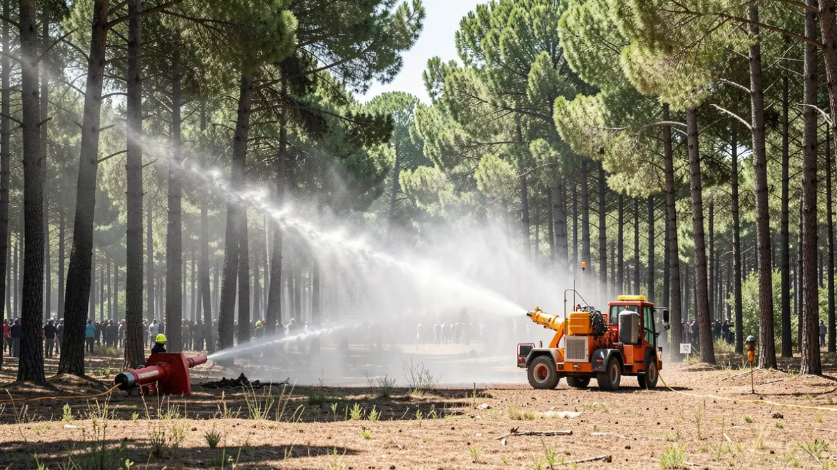 Image of the SIDEINFO water cannons activated in the forest to cool the vegetation and prevent fires.