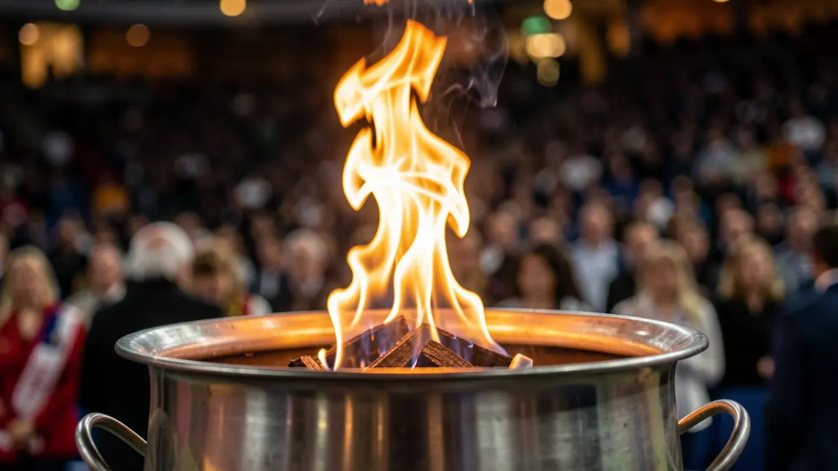Image of the sports games flame during the closing ceremony in a sports venue.