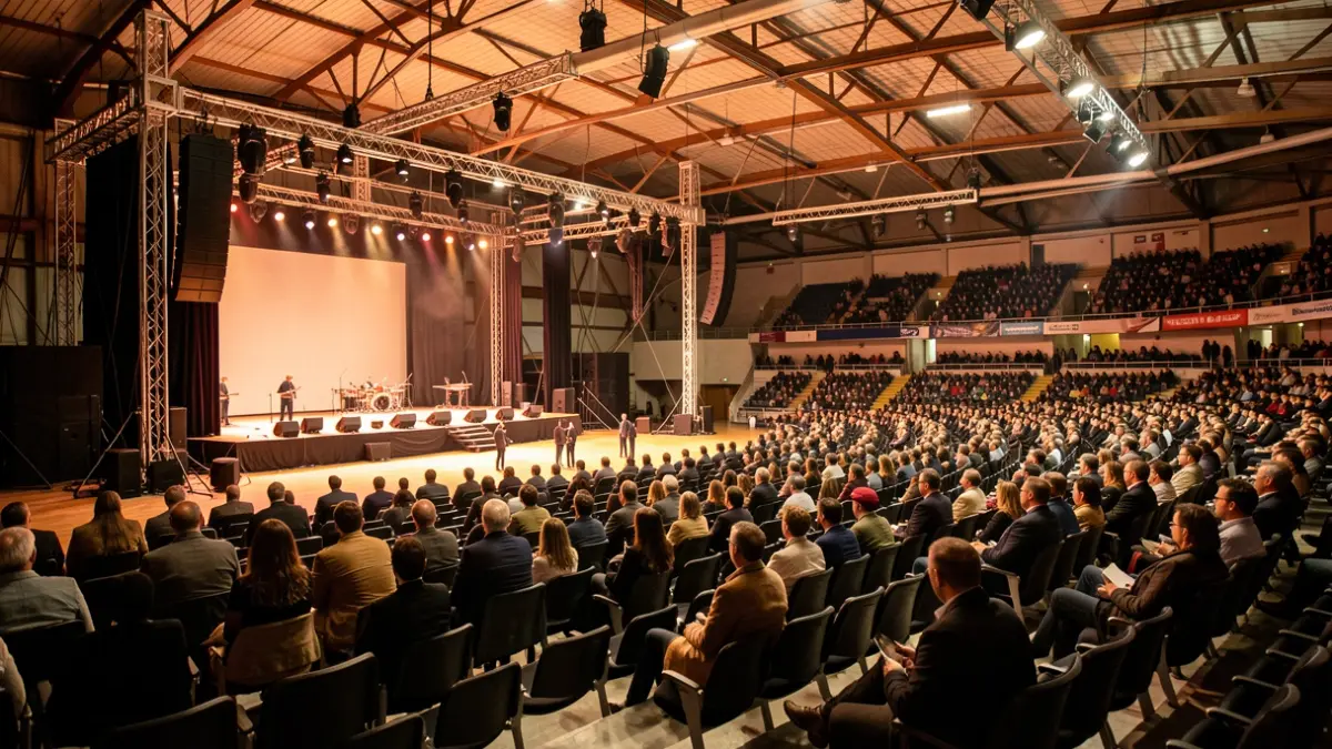 Interior del pavelló esportiu després de la celebració d'un esdeveniment cultural.