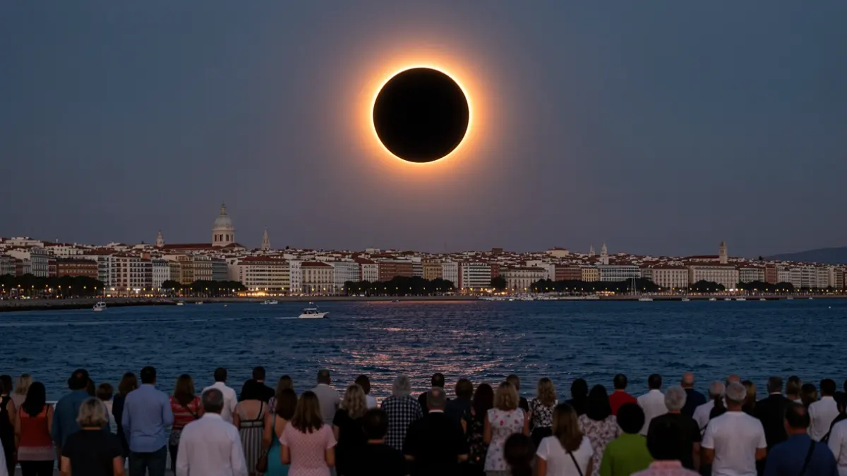Image of a total solar eclipse over the city of Valencia.