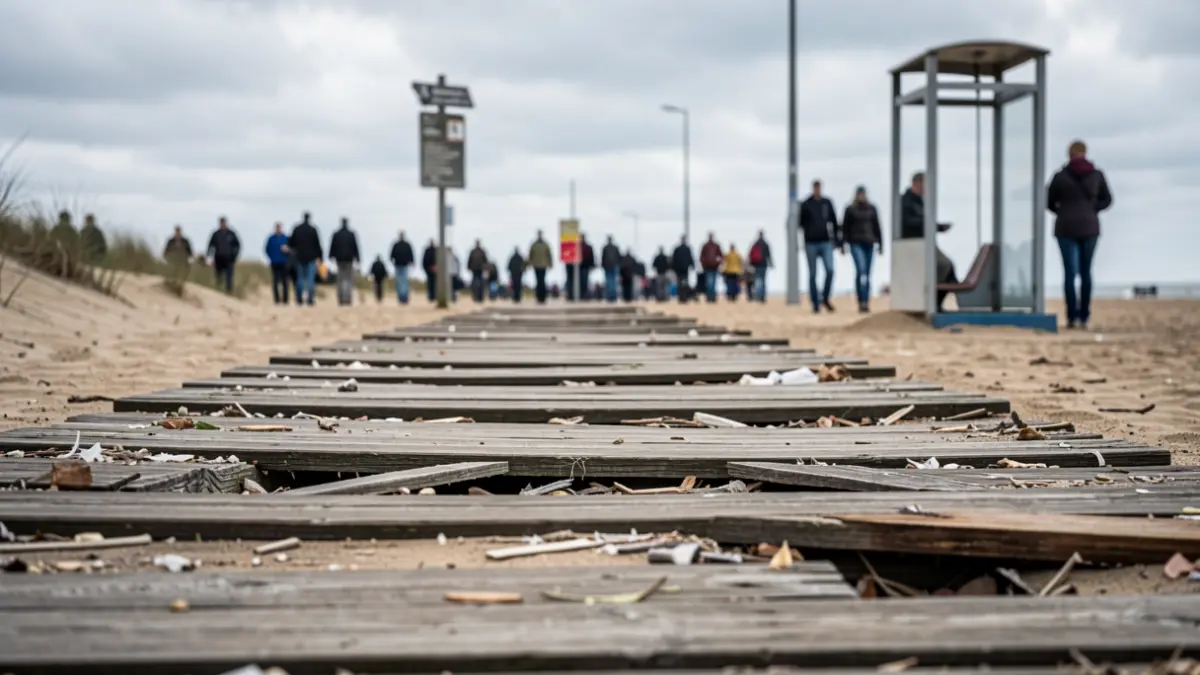 Imatge genèrica d'una passarel·la de platja danyada amb senyalització trencada.