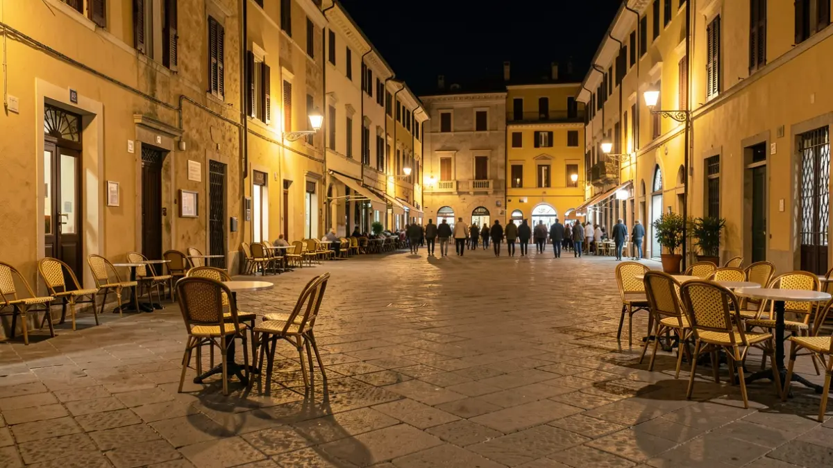 Generic image of a Mediterranean city square at night.