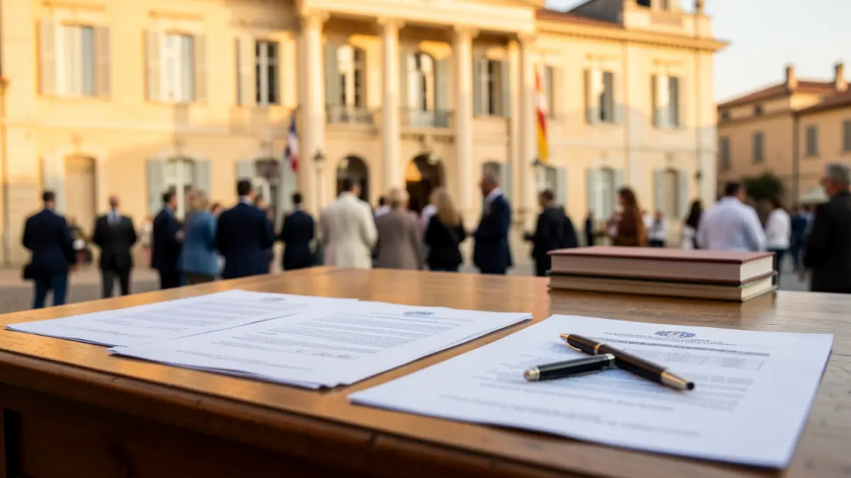 Imatge genèrica d'un escriptori amb documents oficials davant d'un edifici públic.