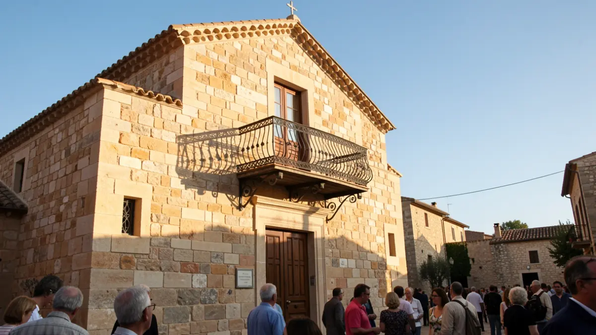 Façana de pedra d'una ermita tradicional en una jornada festiva amb llum de vesprada.