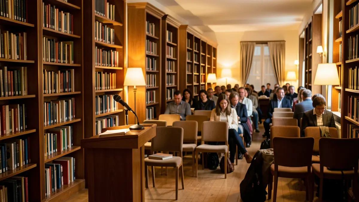 Imatge genèrica d'un espai cultural amb micròfon i cadires preparades per a un acte públic.