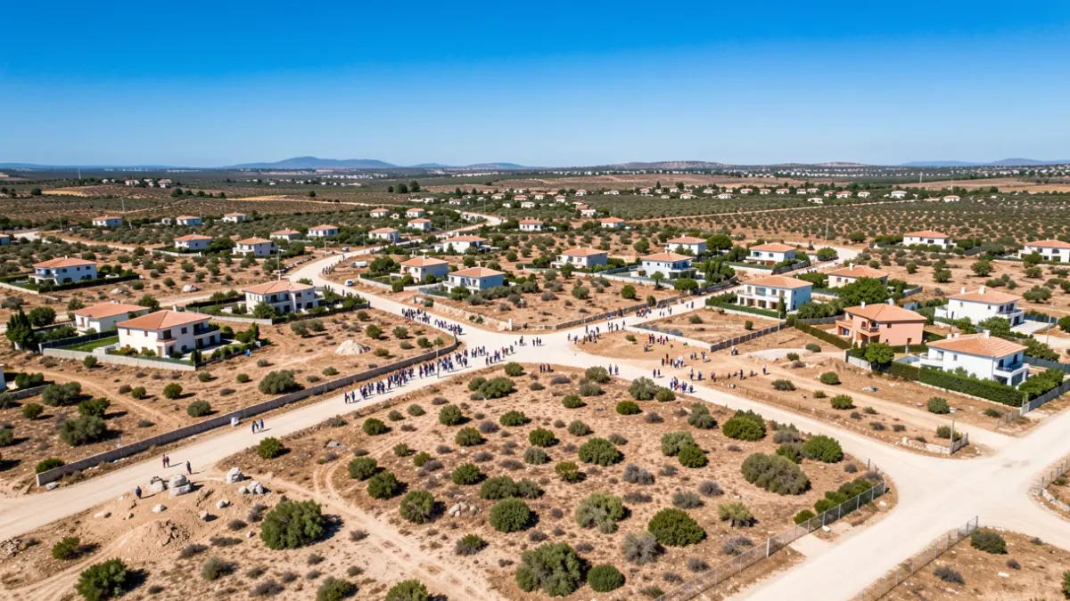Vista aèria d'una zona residencial amb cases disperses i camins sense asfaltar a Vilafamés.