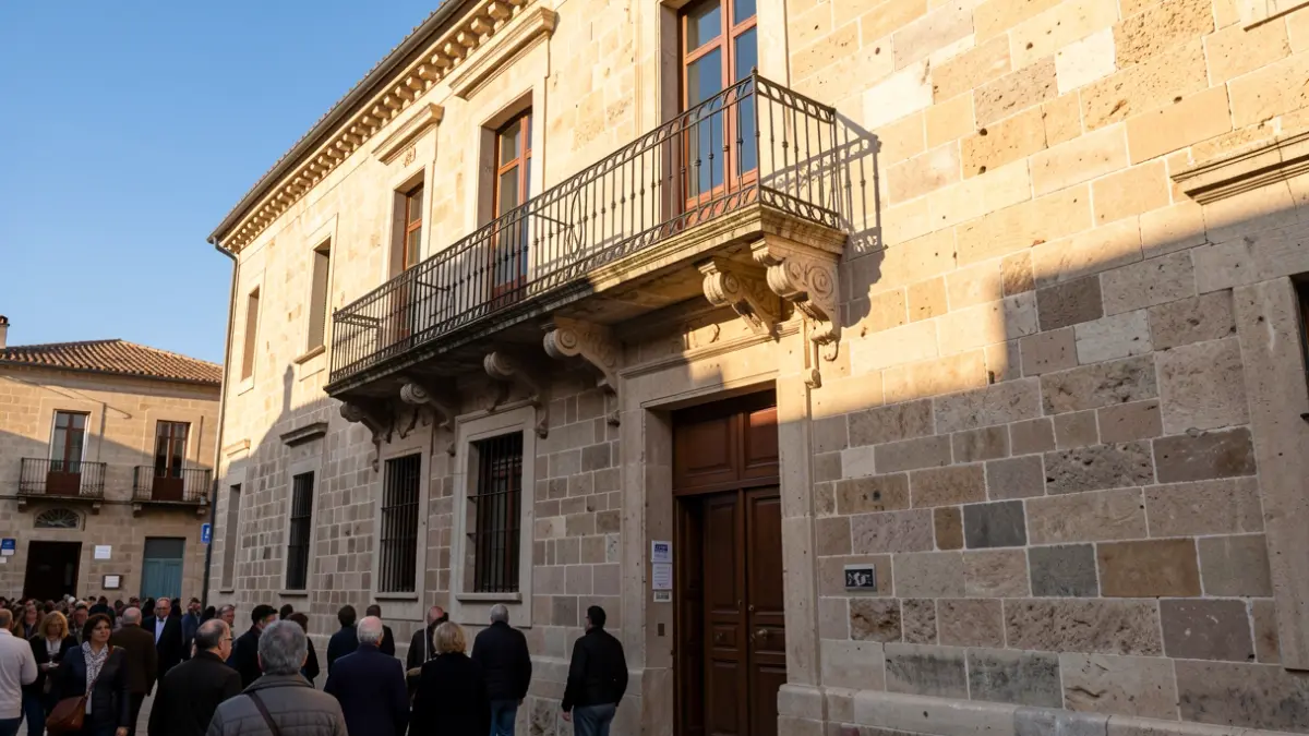 Generic image of a Mediterranean town hall facade with a balcony and iron railings, afternoon light.