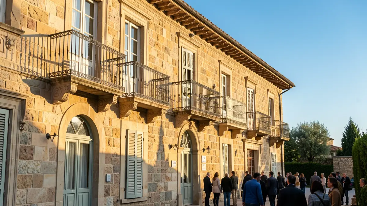 Stone facade of a historic villa with wrought iron balconies under sunlight.