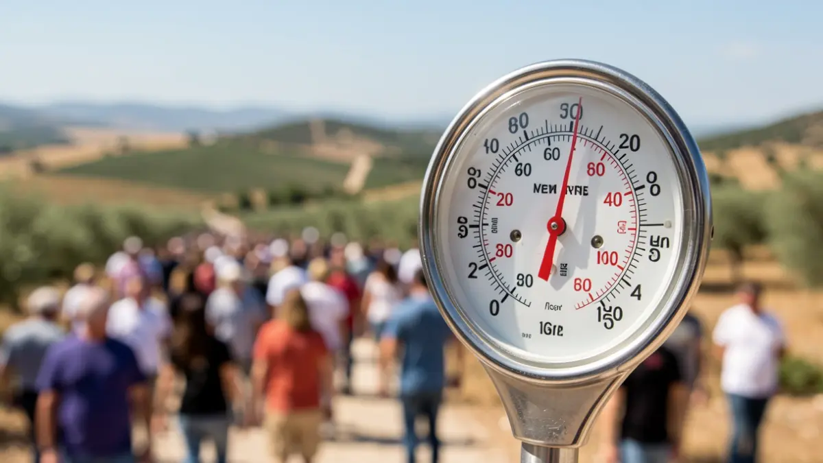 Termòmetre amb alta temperatura i paisatge mediterrani sota el sol.