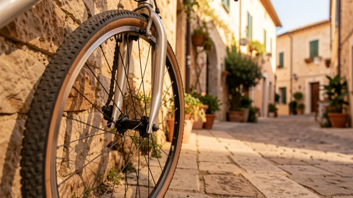 Generic image of a bicycle parked on a stone street with warm light.