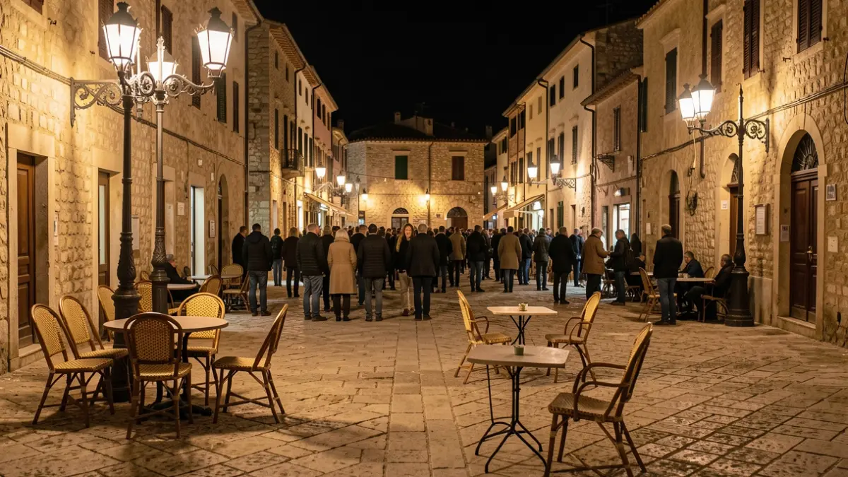 Imagen genérica de una plaza mediterránea con iluminación cálida durante la noche.