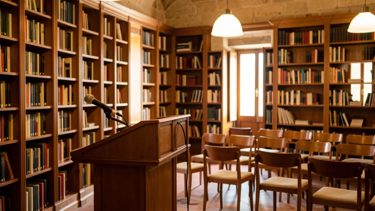 Interior d'una sala d'actes amb micròfon i prestatgeries, ambient de reflexió educativa.