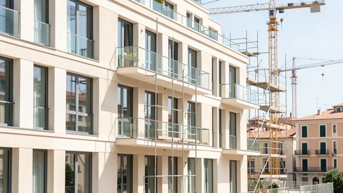 Imagen genérica de un edificio en construcción con grúas al fondo.