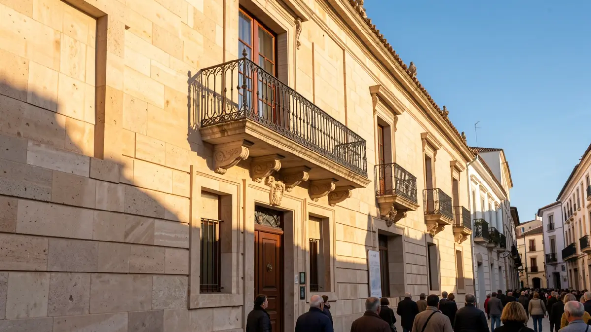 Imagen genérica de la fachada de un ayuntamiento valenciano con balcón y barandillas de hierro, luz de sol de la tarde.