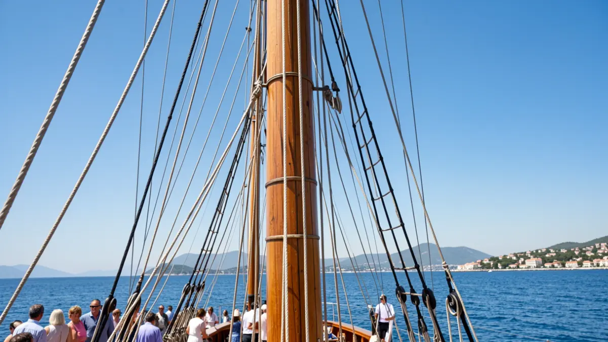 Detall de l'aparell d'un veler clàssic en la badia de Xàbia durant una regata.