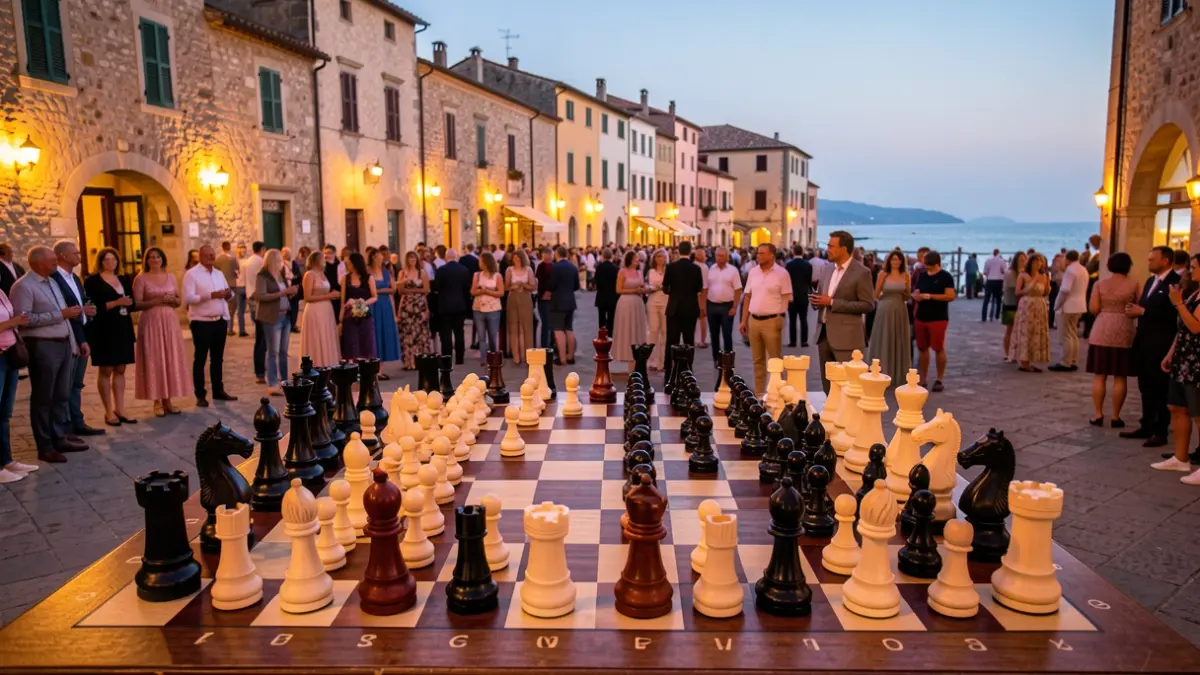 Imatge genèrica d'una representació d'escacs vivents en un entorn urbà mediterrani.