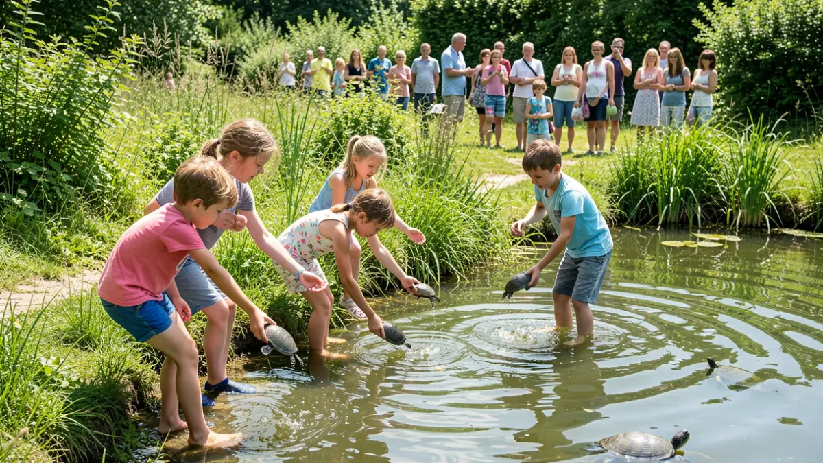 Generic image of children releasing turtles into a natural pond.
