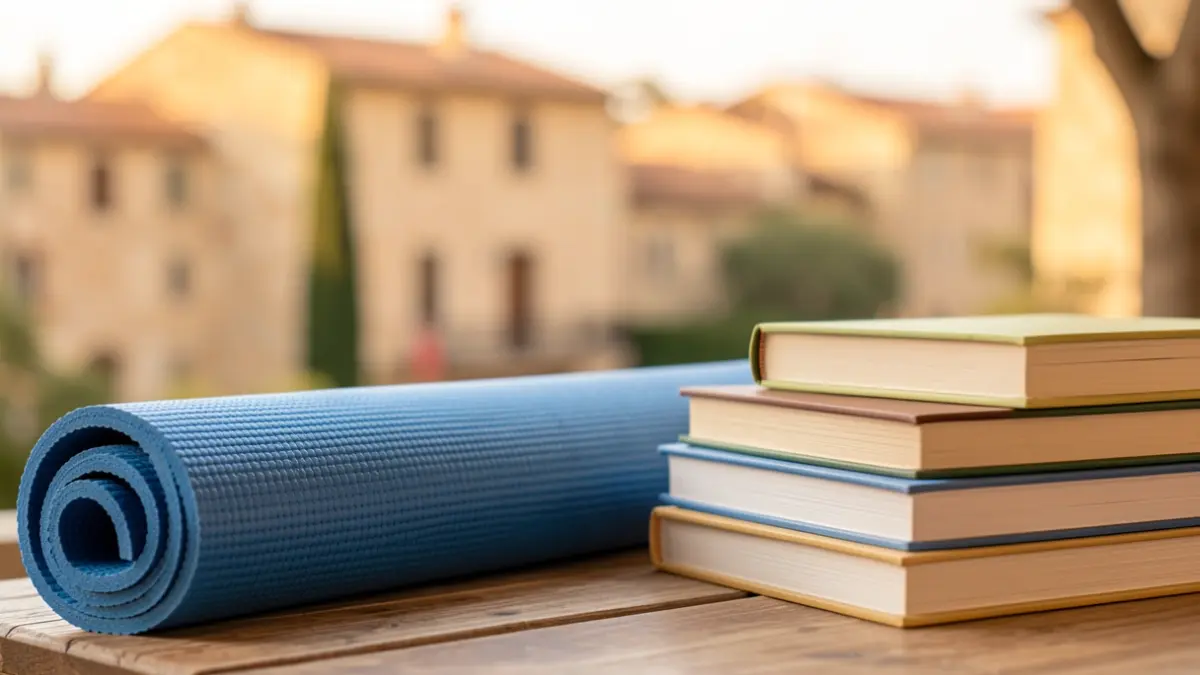 Imagen genérica de una esterilla de yoga y libros con arquitectura mediterránea al fondo.
