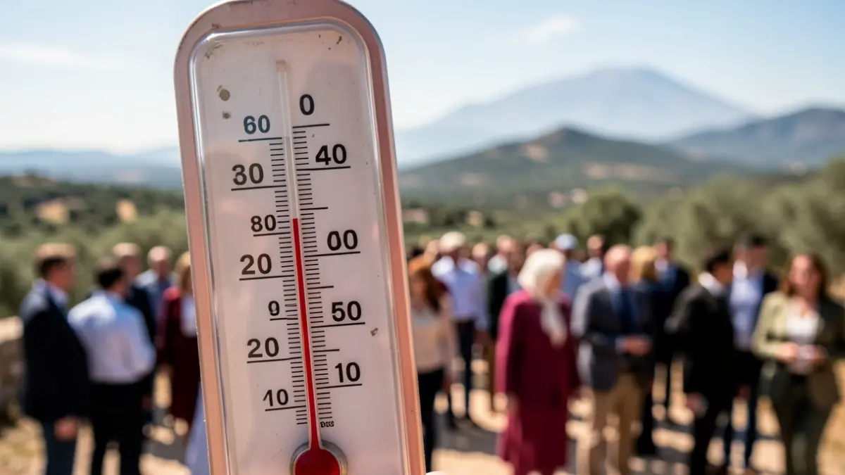 Thermometer showing extreme temperatures in a Mediterranean landscape.