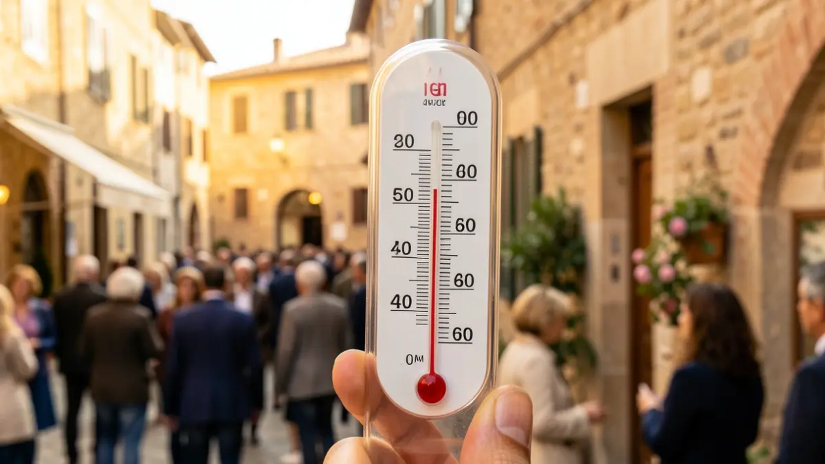 Generic image of a thermometer showing extreme temperatures in a Mediterranean setting.