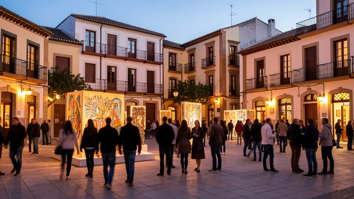 Generic image of a Mediterranean city square with art installations and people.