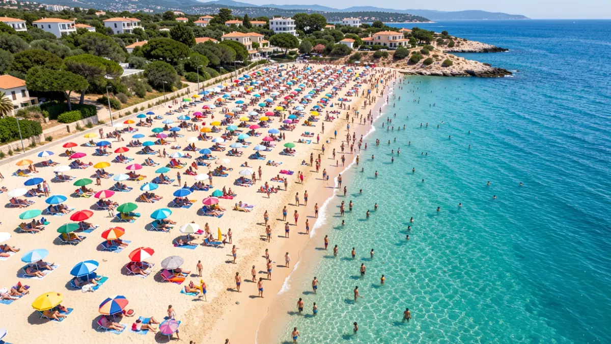 Imagen genérica de una playa mediterránea con sombrillas y agua azul.