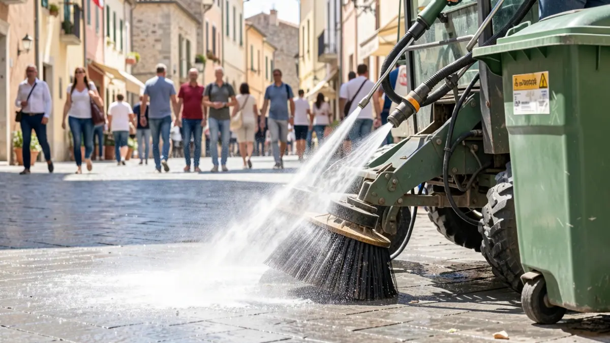 Imagen genérica de una máquina de limpieza urbana con agua a presión actuando sobre aceras y contenedores.