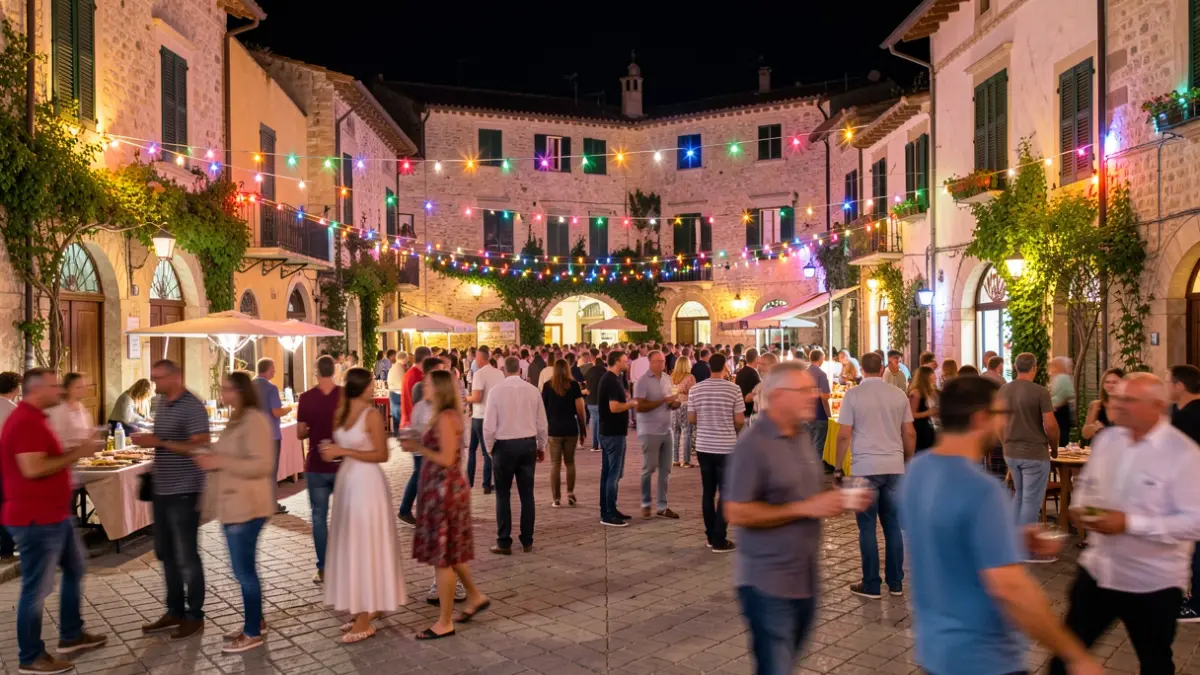 Imatge genèrica d'una plaça mediterrània animada durant una festa nocturna.