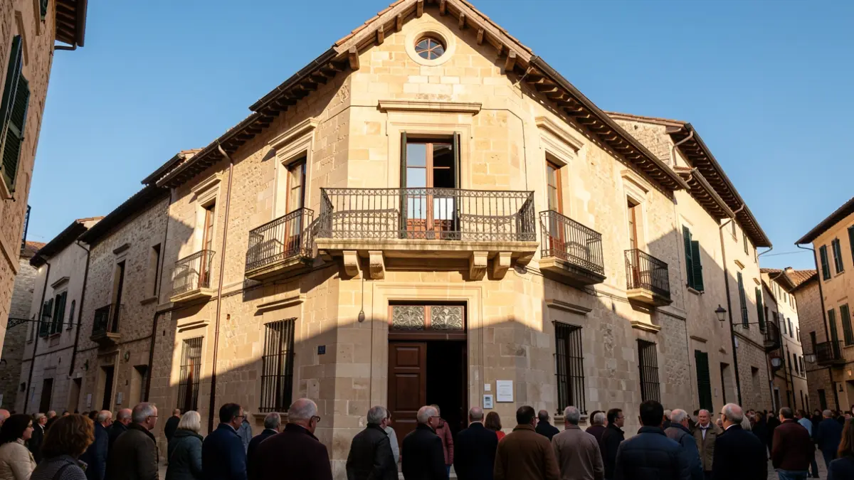 Imagen genérica de la fachada de un ayuntamiento mediterráneo con balcón y barandillas de hierro, iluminado por el sol de la tarde.