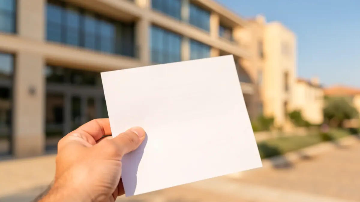 Imagen genérica de un contrato de trabajo con un edificio de oficinas al fondo.