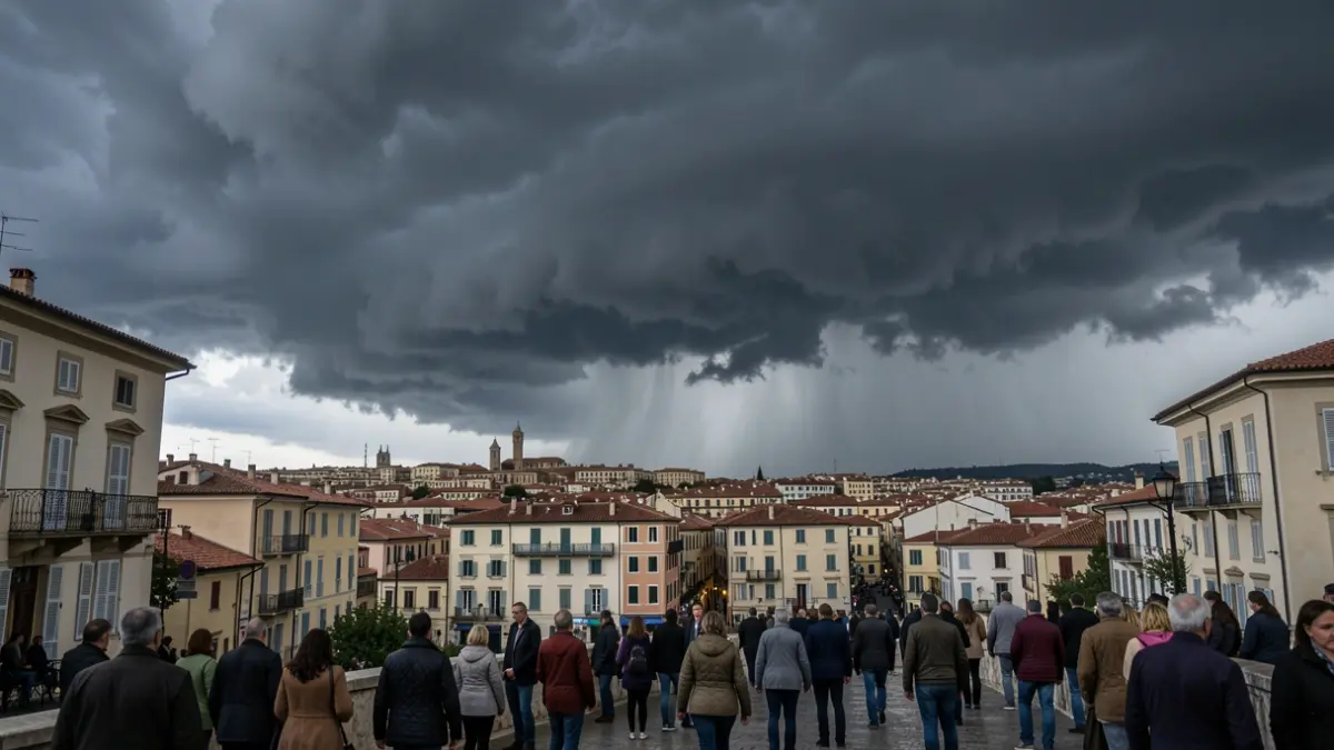 Generic image of storm clouds over a Mediterranean city with heavy rain.